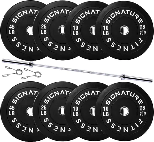Miniatura 20 de Fitvids Juego de discos de peso olímpicos de goma de 2 pulgadas, juego de discos de parachoques con barra para entrenamiento de fuerza, 180-390