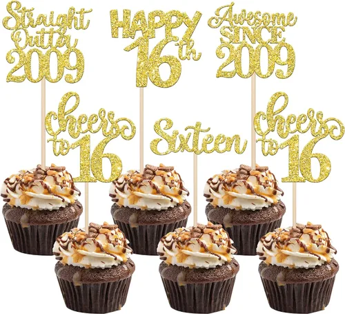 Miniatura 8 de Paquete de 30 adornos para cupcakes de 10º cumpleaños con purpurina recta hacia fuera de 2016, Happy 10th Ten Awesome Since 2016, 10 fabulosas