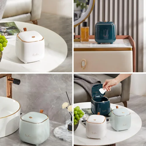 Miniatura 6 de Mini bote de basura para encimera con 3 rollos de bolsas de basura, bote de basura con tapa tipo prensa, papelera de escritorio aplicable para Blanco