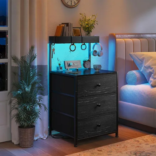 Miniatura 8 de EnHomee Mesita de noche alta con estación de carga y mesita de noche LED con 3 cajones, mesa de noche con cajones y tomas de corriente, mesita