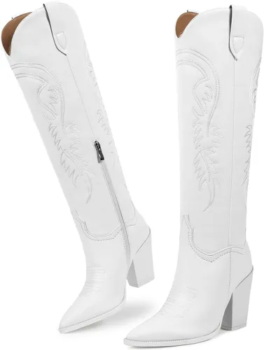 Miniatura 3 de ISNOM Botas vaqueras para mujer, botas altas hasta la rodilla, botas vaqueras bordadas con tacón grueso de bloque y puntera puntiaguda