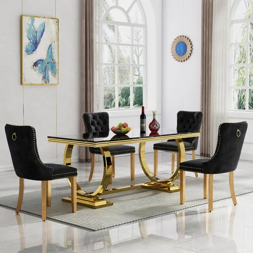 Miniatura 16 de HomVent Juego de mesa de comedor moderna de mármol sintético para 4 personas, mesa de cocina rectangular con 4 sillas beige (dorado)