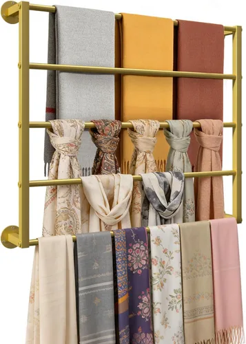 Estante para bufandas montado en la pared, bufandas de seda doradas, organizador de percha para hiyab, estantes de metal, soporte de cinta de papel