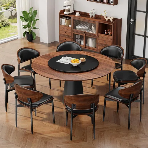 Miniatura 20 de REONEY - Juego de 4 sillas de comedor, modernas de mediados de siglo, tapizadas en piel sintética PU con respaldo de madera curvada de nogal y patas