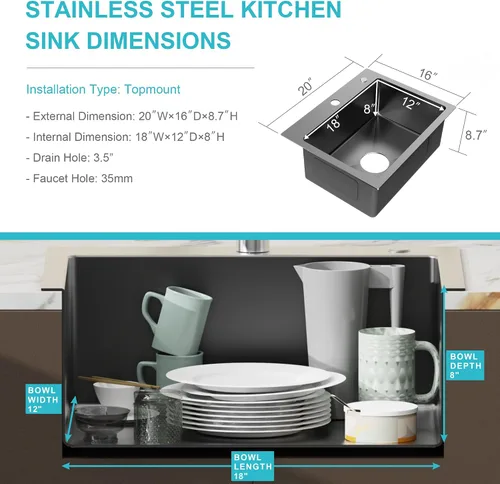 Miniatura 7 de Fregadero de cocina empotrable de 20" x 16" de acero inoxidable 304 de un solo compartimento montaje superior para bar con kit de drenaje y rejilla