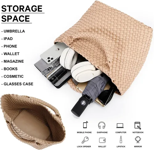Miniatura 4 de Queenoris Bolso tejido para mujer, bolso de mano de cuero vegano grande para verano, playa, viaje, bolso y bolso retro hecho a mano