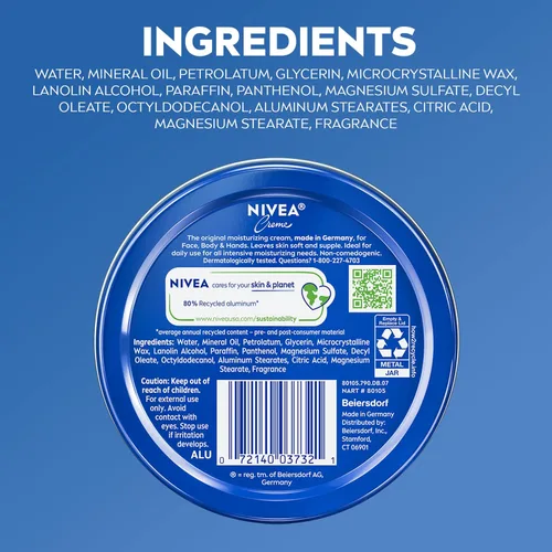 Miniatura 13 de NIVEA Crema hidratante para el cuerpo, la cara y las manos, fórmula alemana, rica crema hidratante corporal con provitamina B5, lata de 8.4 onzas