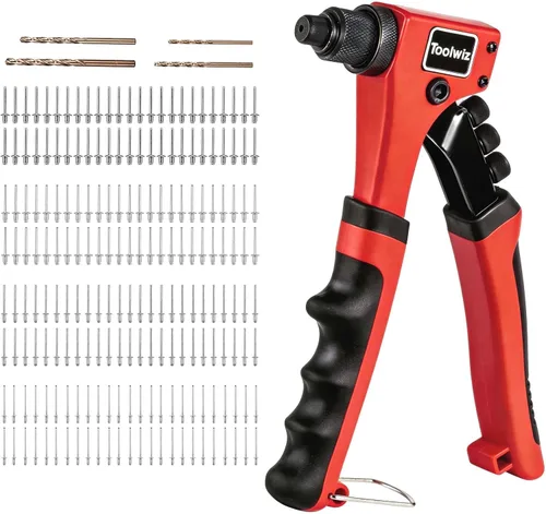 Toolwiz Pistola de remache Kit de pistola de remache de una mano con 200 remaches, 4 cabezales intercambiables sin necesidad de herramientas y 4