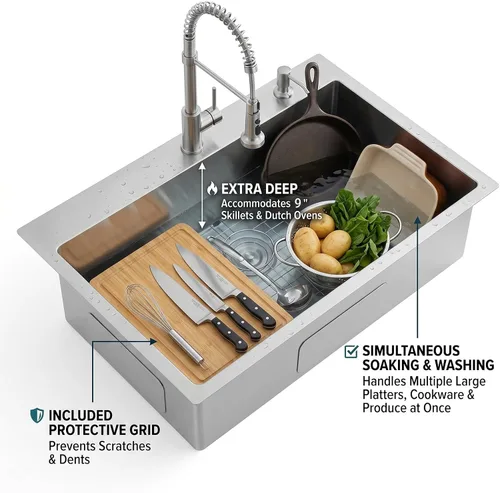 Miniatura 5 de VAPSINT Fregadero Fregadero Fregadero de cocina de 28 pulgadas con caída en la parte superior, 28 x 18 pulgadas, montaje superior, calibre 16
