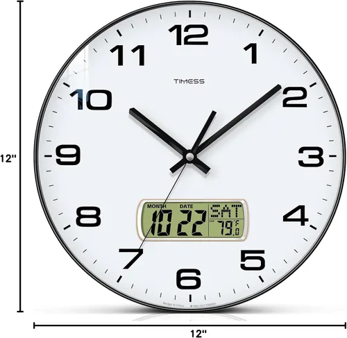Miniatura 6 de TIMESS Reloj de pared, esfera de 12 pulgadas, sin tic-tac, silencioso, funciona con pilas, analógico con pantalla LCD para calendario perpetuo