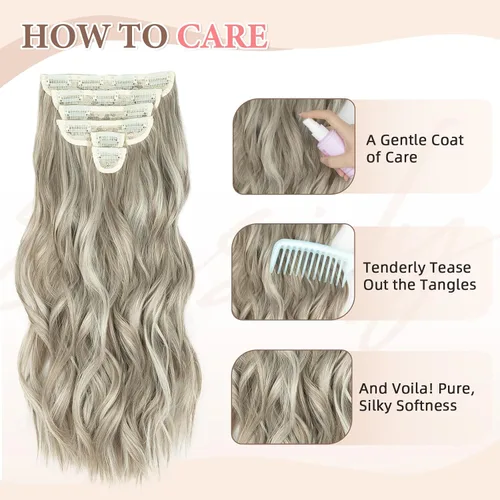Miniatura 7 de Fliace Extensiones de cabello con clip, 6 piezas de extensiones onduladas, cabello espeso rubio ceniza, extensiones de cabello que se mezclan bien