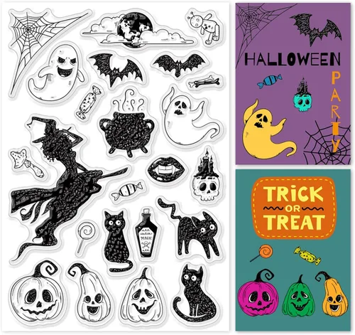 ORIGACH Sellos transparentes de silicona – Bruja, fantasma, gato, murciélago, calabaza, sellos reutilizables para hacer tarjetas, álbumes de