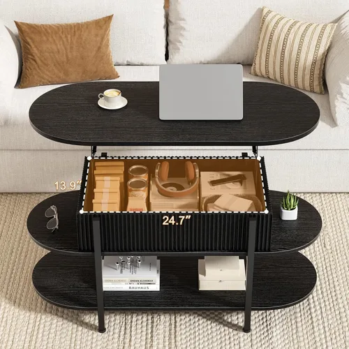 Miniatura 5 de FABATO - Mesa de centro oval de 41.7" con parte superior elevable, mesa central de madera estriada con almacenamiento oculto, mesas pequeñas de 3