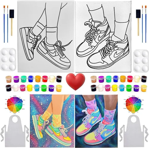 Miniatura 8 de Kit de pintura en lienzo para tenis, juego de arte de lienzo predibujado de 2 unidades de 8 x 10, pintura y sorbo para manualidades para adultos