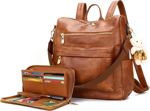 Miniatura 13 de Soperwillton Bolso de mochila para mujer. Bolsos de mano con diseño multiusos. Bolsa de hombro de cuero sintético. Bolsa de viaje. Juego de 2