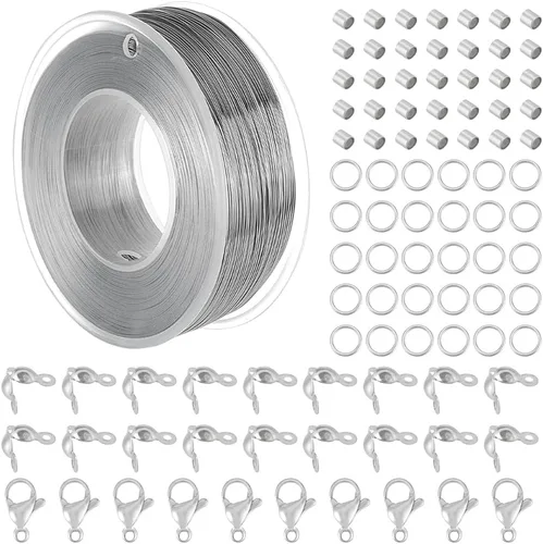 BENECREAT Alambre de cuentas de acero inoxidable de 984 pies, alambre de cola de tigre de 0.012 in con 200 anillos de salto, 200 cuentas de