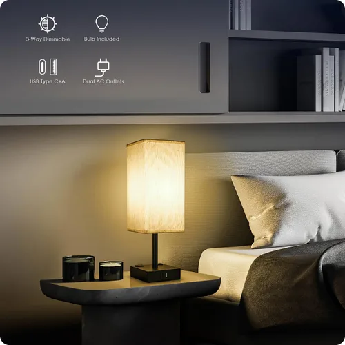 Miniatura 2 de Lámpara de mesa para dormitorio, lámpara táctil pequeña con puertos de carga USB C+A y salidas de CA, lámpara de mesita de noche regulable de 3 vías