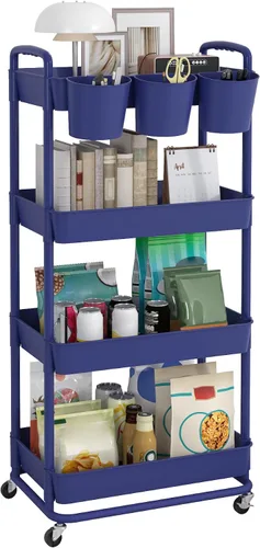 Miniatura 9 de JIUYOTREE - Carro utilitario de almacenamiento rodante de plástico de 3 niveles con tazas colgantes extra, mangos, ruedas con bloqueo para sala