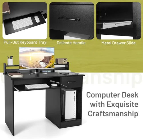 Miniatura 6 de Tangkula Escritorio para computadora con cajón y bandeja para teclado, escritorio de estudio moderno con gabinete de escritorio y estantes
