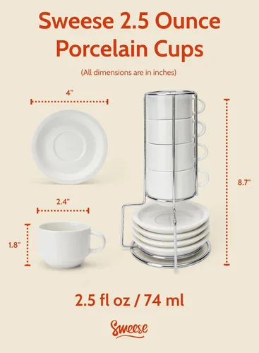 Miniatura 2 de SWEESE - Tazas de porcelana apilables, de 8 onzas, con platillos y soporte de metal, para bebidas especializadas del café, capuchino, latte, Blanco
