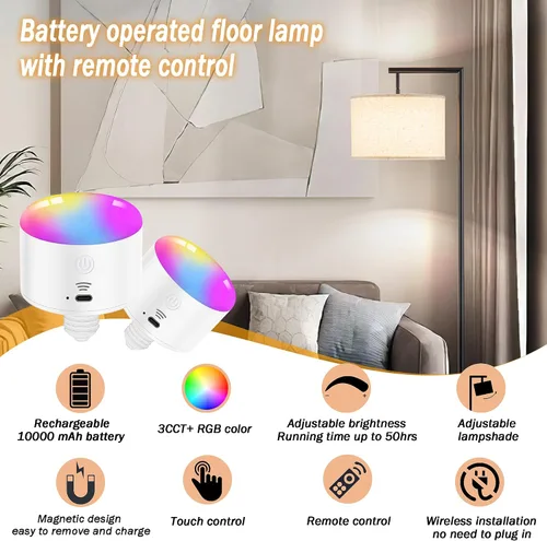 Miniatura 2 de Lámpara de pie inalámbrica regulable que funciona con pilas con control remoto Lámpara de pie de arco con cabeza ajustable para dormitorio y sala