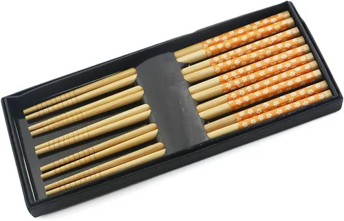 Miniatura 7 de Juego de 5 pares de palillos de bambú, reutilizables, estilo japonés, antideslizantes, juego de palillos clásicos de bambú natural, aptos