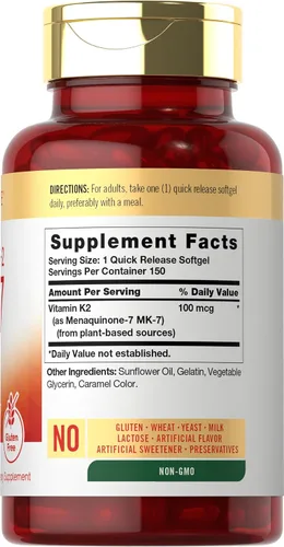 Miniatura 2 de Carlyle Vitamina K2 MK7 100 mcg 150 cápsulas blandas Bioactive Trans-Form MK7 Suplemento sin OMG y sin gluten