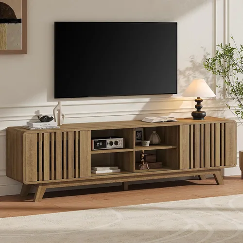 Miniatura 13 de ONBRILL Soporte de TV de 63 pulgadas para televisores de hasta 75 pulgadas, soporte de televisión moderno de mediados de siglo con toma