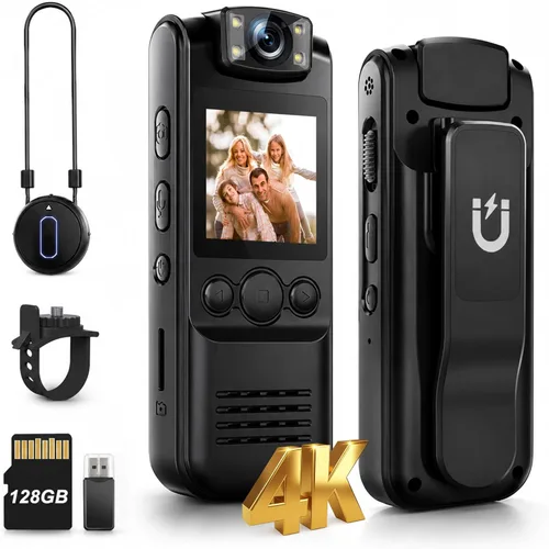 Cámara Corporal 4K con Grabación de Audio y Vídeo, Cámara Ponible Mini de 128GB con Cordón Magnético, Cámara Corporal para Viaje, Ciclismo,