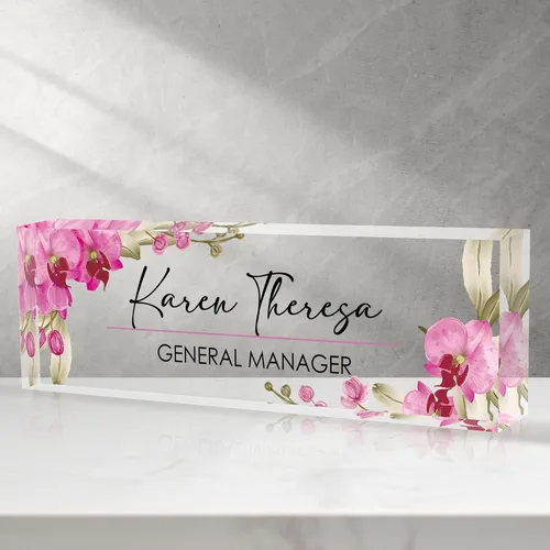Placa de identificación personalizada para escritorio - Accesorio de acrílico (Orquídea mariposa rosa)