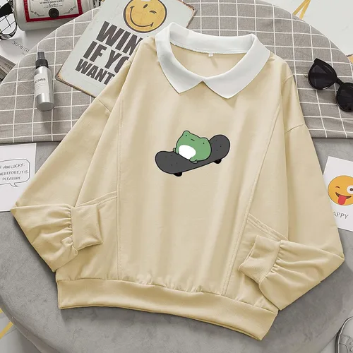 Miniatura 5 de Sudadera casual de skate de rana para mujer, manga larga, cuello con bolsillo, para adolescentes y niñas
