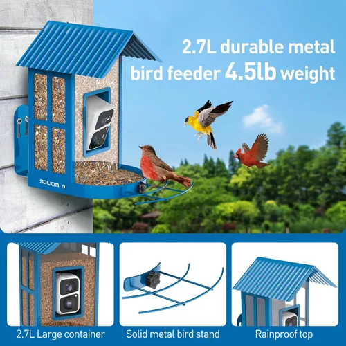 Miniatura 3 de Comedero para pájaros con cámara con IA para identificar especies, observación de aves silvestres, vista en vivo de 2K, alertas de llegada Azul