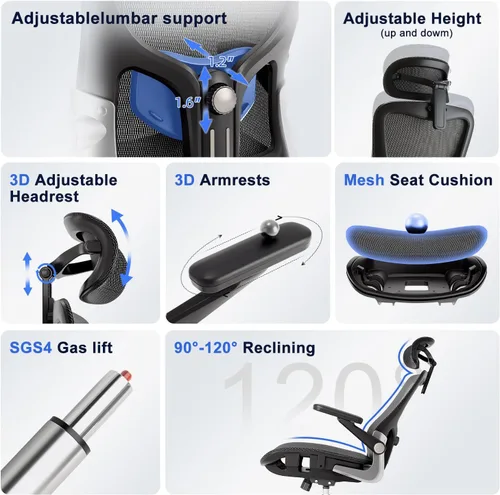 Miniatura 17 de marrap Silla de oficina ergonómica, cojín de asiento de malla con reposabrazos 3D y reposacabezas 3D, soporte lumbar ajustable con función