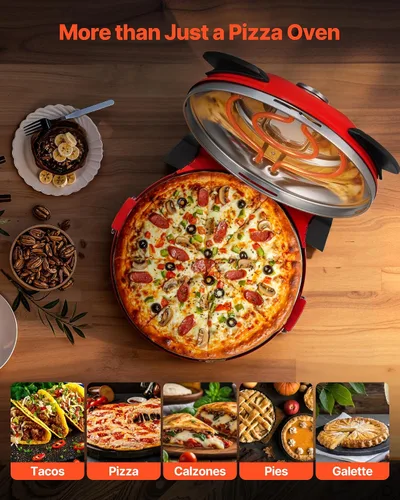 Miniatura 5 de VEVOR Horno para pizza, máquina eléctrica de pizza de 12 pulgadas, cocina de encimera de 1200 W con piedra de cordierita, perilla de control de Rojo