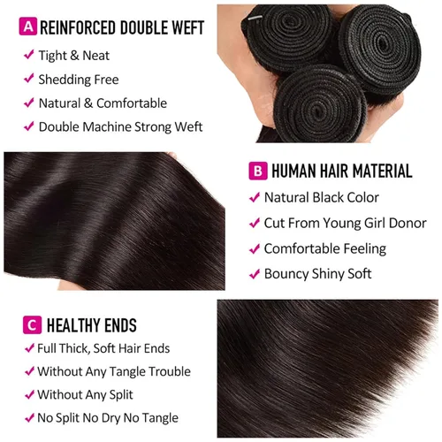 Miniatura 4 de Extensiones de cabello humano lacio 10A 100% sin procesar, cabello virgen brasileño, lacio, 3 paquetes de 16, 18, 20 pulgadas, extensiones