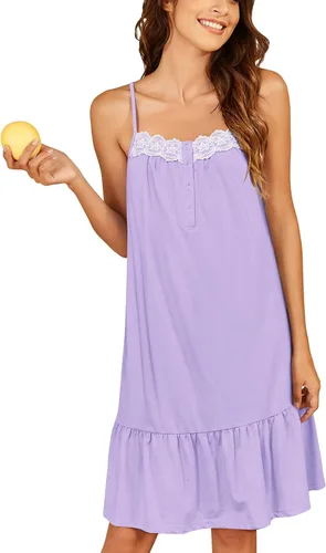 Miniatura 9 de Ekouaer Camisones de algodón para mujer, sin mangas, vestido de noche de encaje, vestido de noche con botones, camisón victoriano