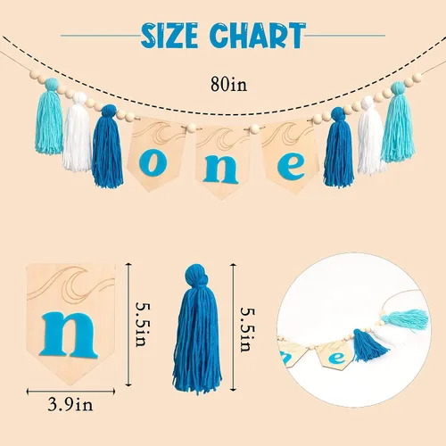 Miniatura 2 de The Big One - Cartel de madera para silla alta con borlas, decoración de fiesta de cumpleaños con temática de surf de madera, pancarta para silla