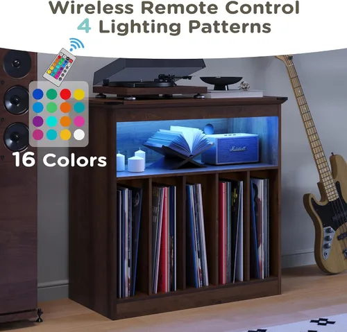 Miniatura 5 de MHOM Farmhouse - Soporte grande para tocadiscos con tomas de corriente y luces LED, soporte para discos de vinilo con capacidad para hasta 150