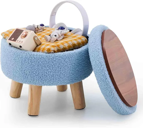 Miniatura 12 de Wimarsbon Otomana de almacenamiento, moderno reposapiés redondo con asiento acolchado suave, reposapiés de terciopelo teddy con patas de madera
