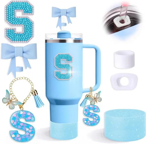 Juego de 6 accesorios de copa Stanley color azul, adorno de pajilla con lazo para copa Stanley de 30 onzas, 40 onzas, incluye adorno de popote y