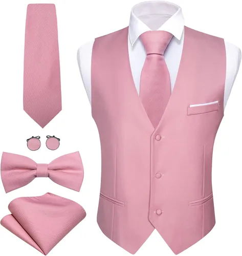 Barry.Wang Chaleco formal de negocios para hombre, cuello en V, ajustado, casual, color sólido, chaleco de corbata y corbatín para boda