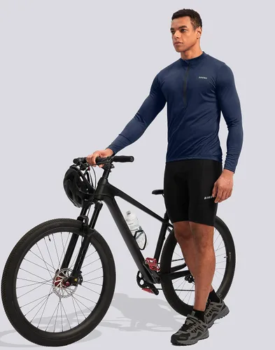 Miniatura 6 de Maillot de ciclismo para hombre con 3+1 bolsillos traseros con cremallera, manga larga, absorción de humedad, UPF 50+ media cremallera