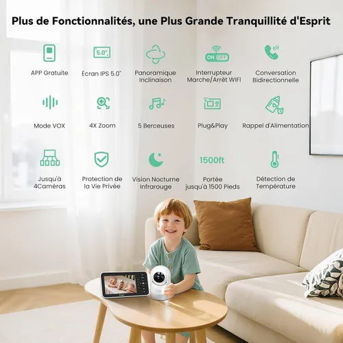 Miniatura 3 de Simyke Monitor de video para bebé con cámara y audio, pantalla de 5 pulgadas, 720P, sin WiFi o modo de aplicación gratuita, zoom panorámico