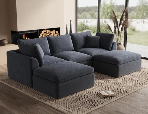 Miniatura 22 de ohllob Sofás seccionales Cloud de 110 pulgadas para sala de estar, sofá deshuesado en forma de L con otomana, sofá modular de 3 plazas, color negro