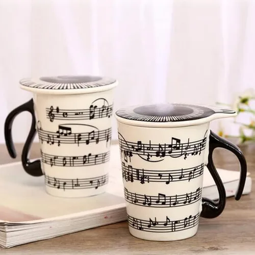 Miniatura 2 de HLJgift, taza de cerámica con diseño musical, para té y café, con tapa con pentagrama y notas musicales como regalo de San Valentín y el día