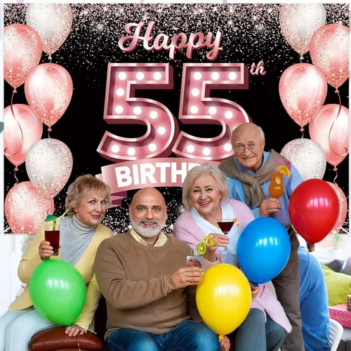 Miniatura 5 de Cartel de feliz cumpleaños 55 años en oro rosa, fondo de confeti, globos, tema de decoraciones para mujeres de 55 años, suministros de fiesta