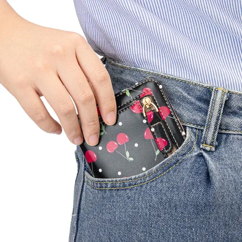 Miniatura 6 de Walle Rfid - Cartera pequeña y compacta con bolsillo plegable para mujer, minicarjetero de viaje con ventana de identificación, Cereza Negra, Lindo