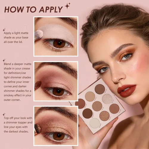Miniatura 6 de docolor Paleta de sombras de ojos, paleta de 9 colores marrón y cobre con acabados mate y brillante, paleta de maquillaje de ojos altamente