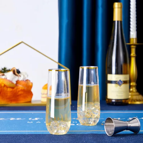 Miniatura 4 de N9R Copas de champán de plástico, 12 vasos desechables sin tallo de 9 onzas, vasos de tostado con borde dorado, vasos de cóctel transparentes