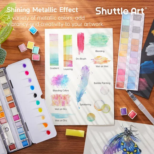 Miniatura 5 de Shuttle Art - Pinturas de acuarela metálicas, 24 colores de pintura de acuarela con purpurina en medias sartenes con pincel de agua, almohadilla